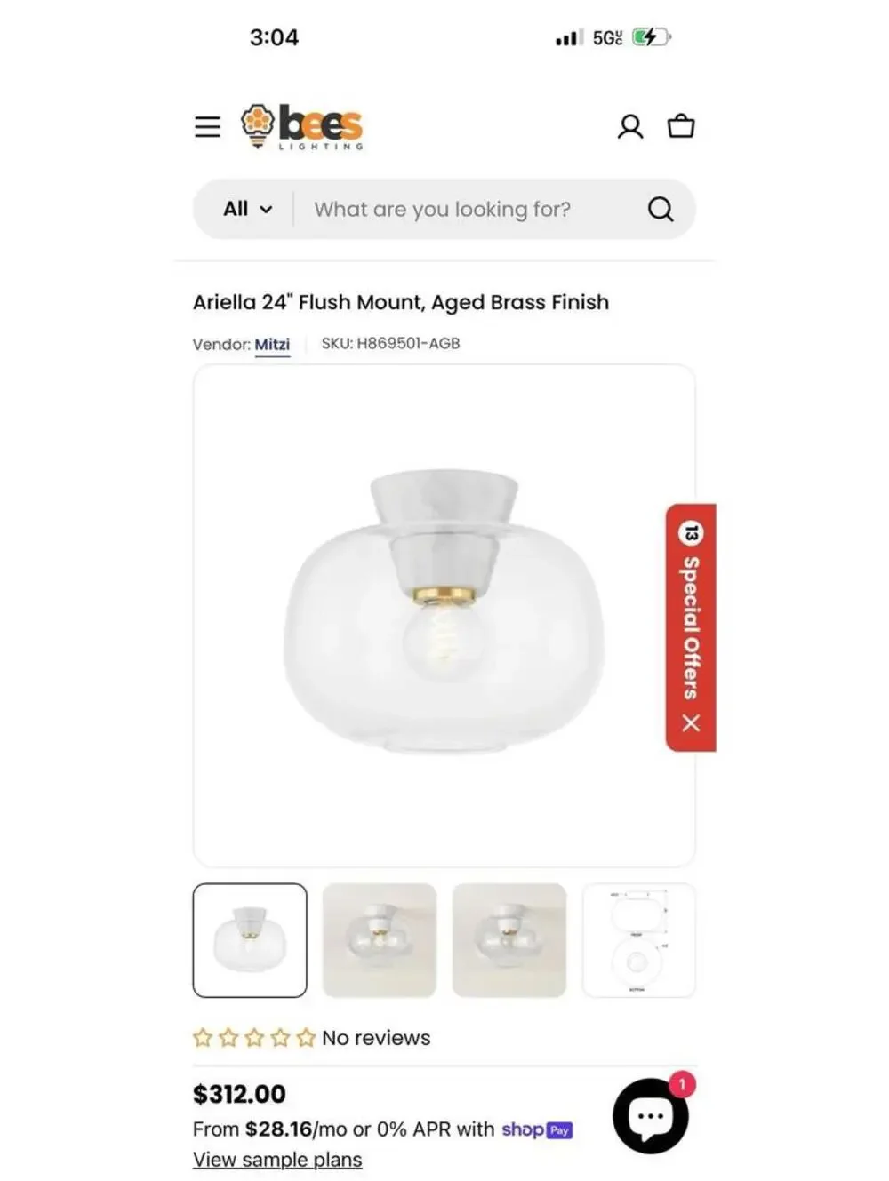 Mitzi Ariella Marble Wall Sconce Aged Brass Base Only H869501 Missing Glass